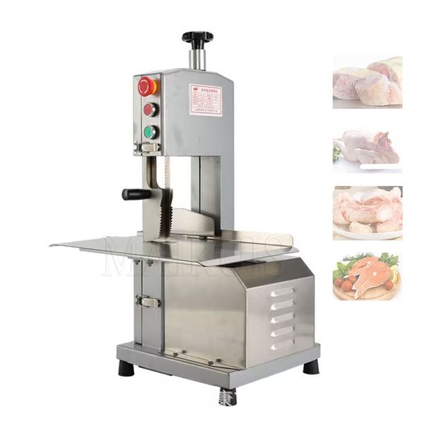 1100W stainless steel commercial electric bone saw for cutting frozen meat on table, including pork, beef, and ribs
