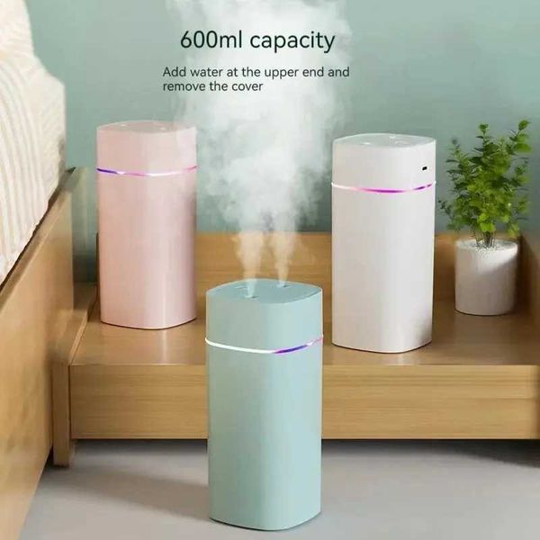 600ml dual-port USB air humidifier with essential oil diffuser, cold mist therapy atomizer featuring He/Off modes, model Y241029