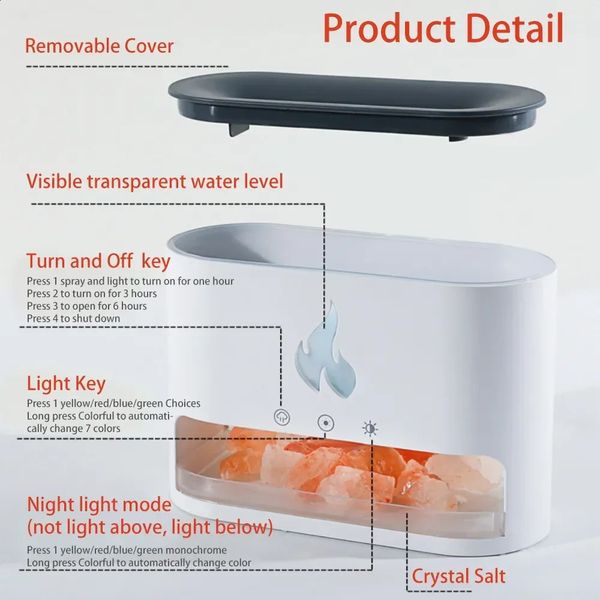 Humidifiers 7 Color Flame Aroma Volcano Air Humidifier Essential Oil Diffuser for Home Fireplace Humidifier Crystal Salt Rock Fire Lamp 2407