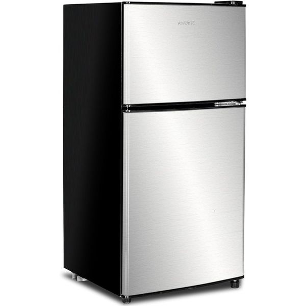 Compact 3.5 cu ft two-door mini fridge with freezer, ideal for apartments, dorms, offices, homes, basements, and garages