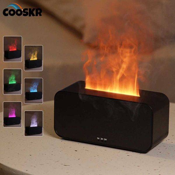 Compact humidifier with essential oil diffuser, color-changing flame, and cool mist feature, model Y241029