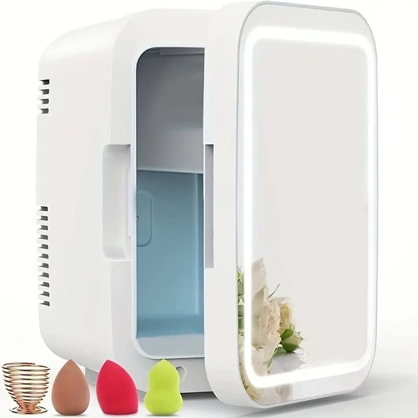 4 Liter/6 Can Mini Skincare Fridge With Mirror, AC/DC Thermoelectric Cooler Beauty Fridge, Warmer Refrigerators For Skin Care Makeup, Cosmet
