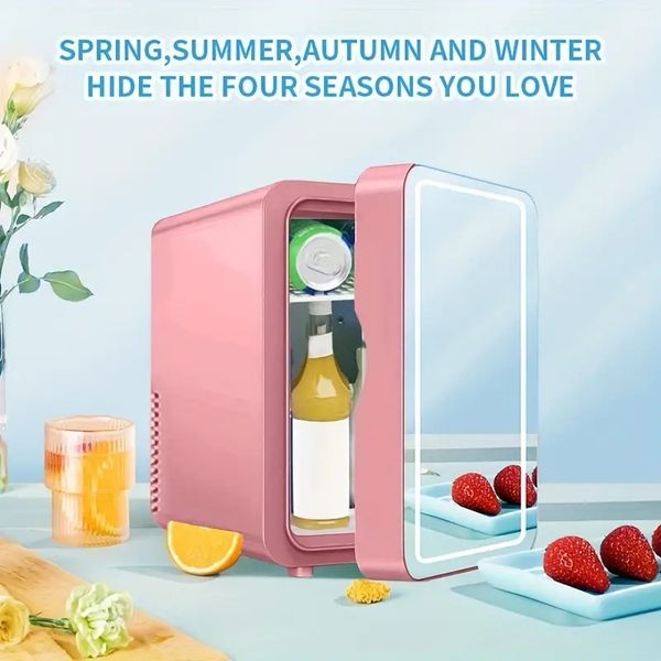 Mini Fridge, LED Mirrored Beauty Fridge, 8L Mini Refrigerator, Portable Compact Personal Fridge Cooler, AC/DC Thermoelectric Cooler And Heat