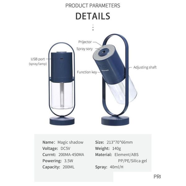 Humidifiers Humidifiers 360 Rotation 200Ml Magic Shadow Humidifier Night Light Usb Air Purification Creative Car Desktop Bedroom Home Portab